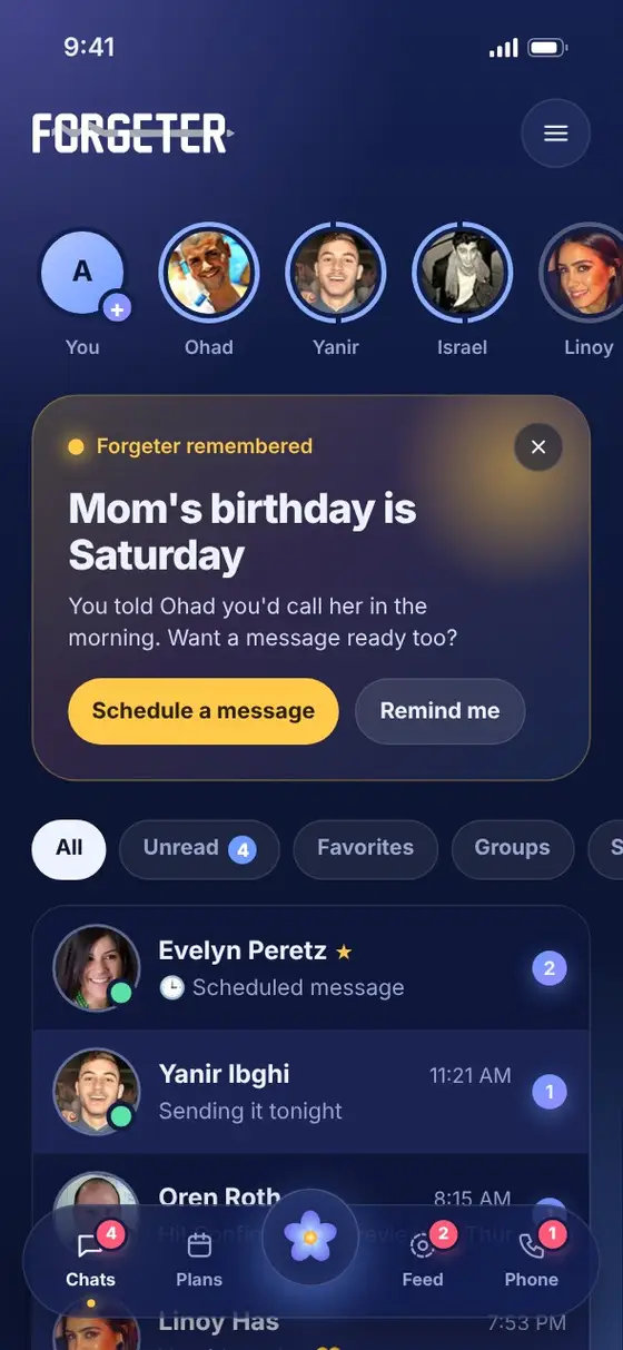 Screen recording of the Forgeter app: opening a chat, adding a dinner plan Forgeter caught, viewing Plans and the AI assistant